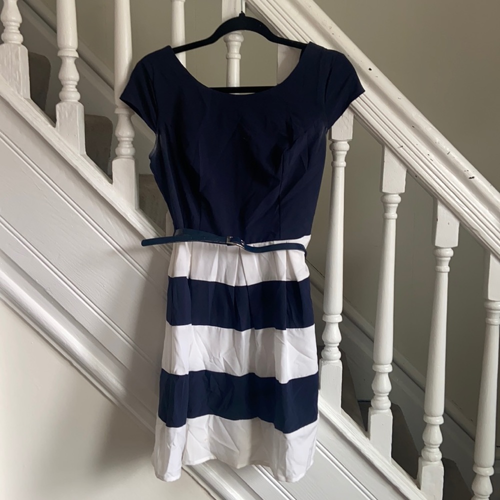 Navy and white dress with belt